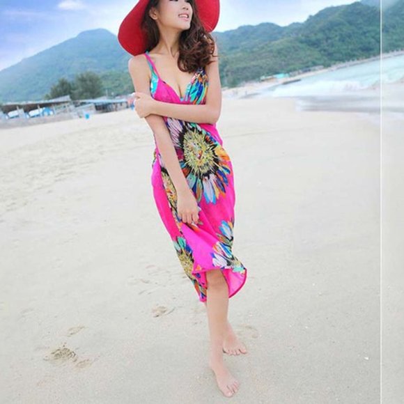 Floral Pink Beach Cover Ups-Bathing Suit Cover Wrap-Beachwear Coverups Sarong - Picture 6 of 6